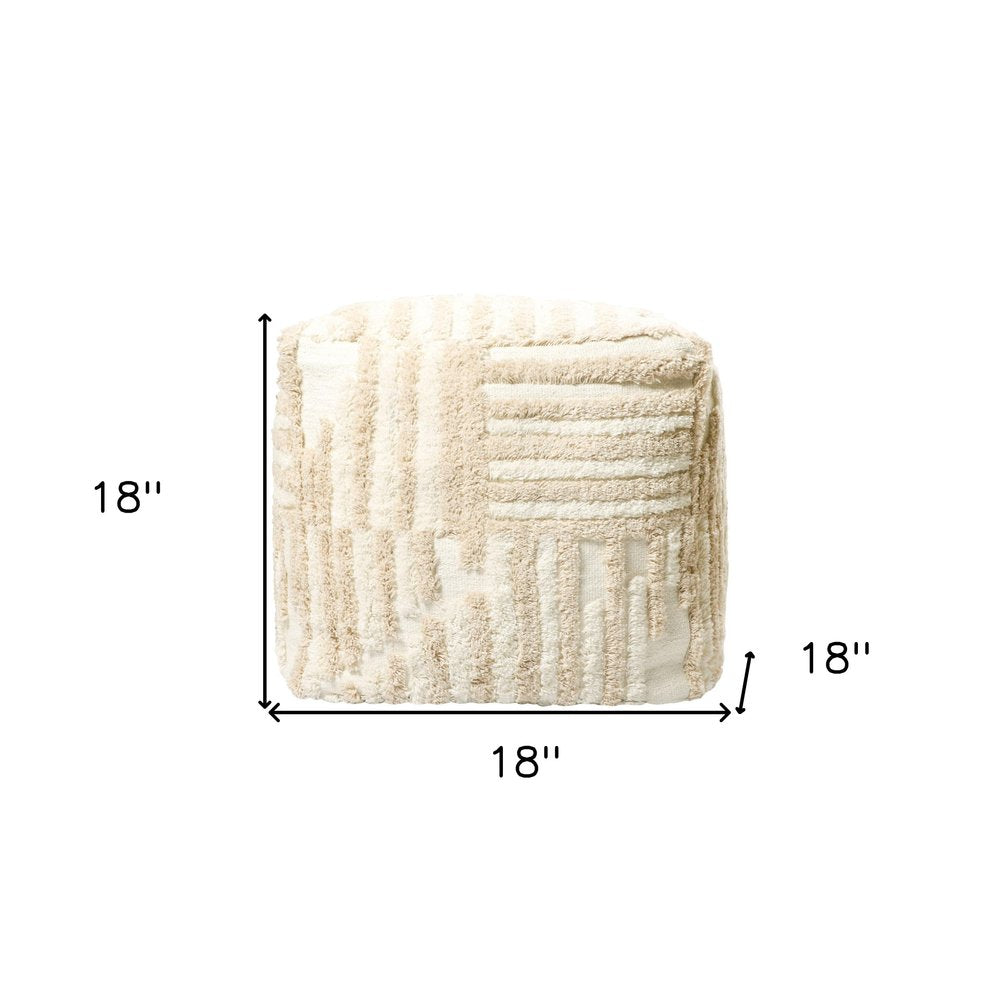 Beige Cotton Cube Striped Pouf Ottoman - 18-inch