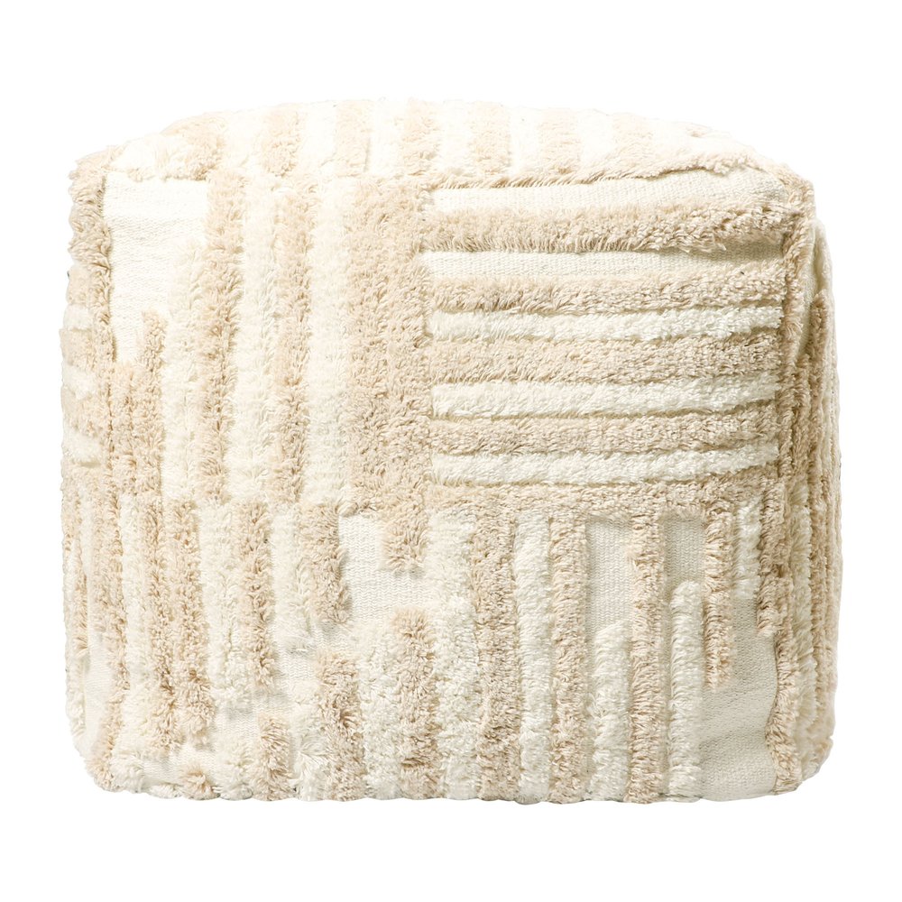 Beige Cotton Cube Striped Pouf Ottoman - 18-inch