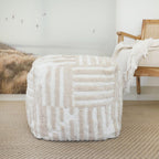 Beige Cotton Cube Striped Pouf Ottoman - 18-inch