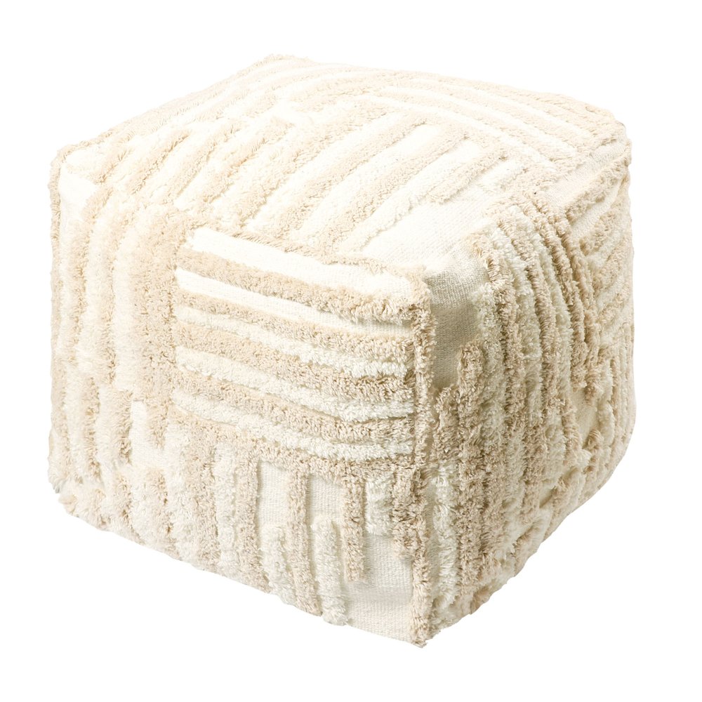 Beige Cotton Cube Striped Pouf Ottoman - 18-inch