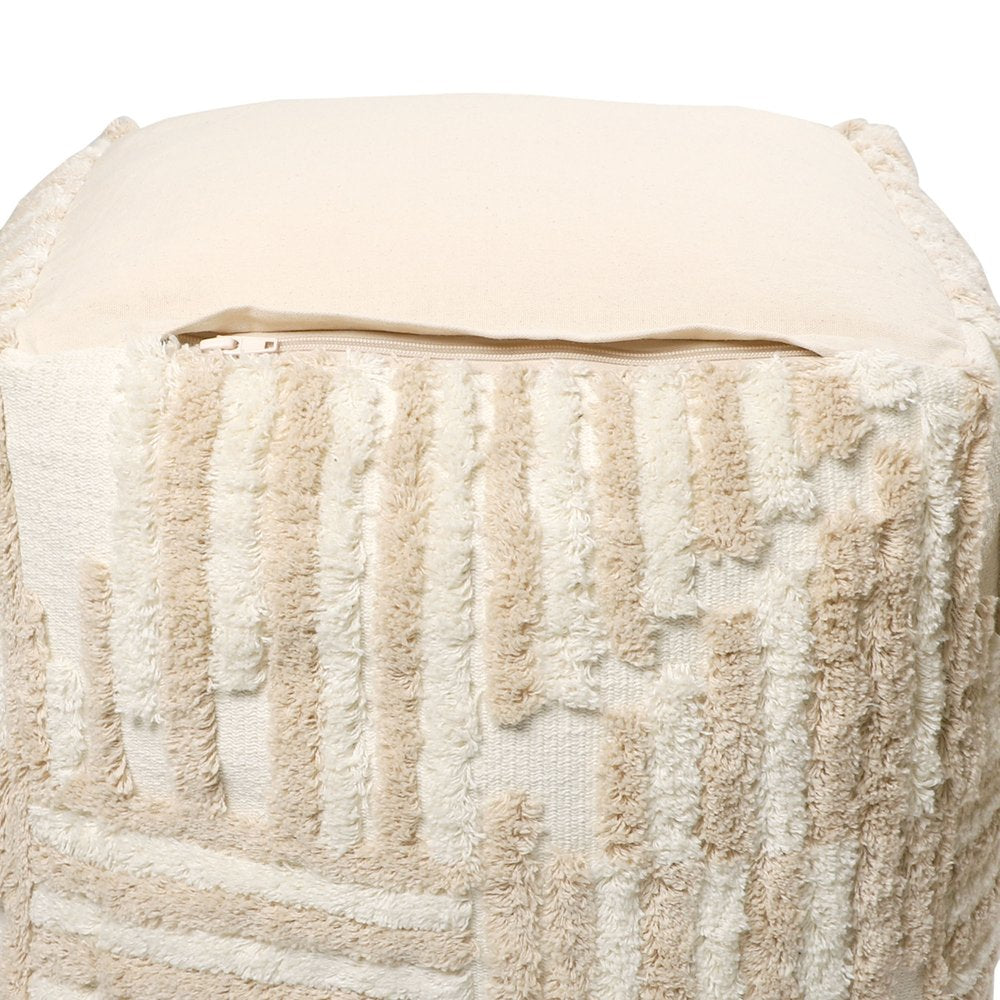 Beige Cotton Cube Striped Pouf Ottoman - 18-inch
