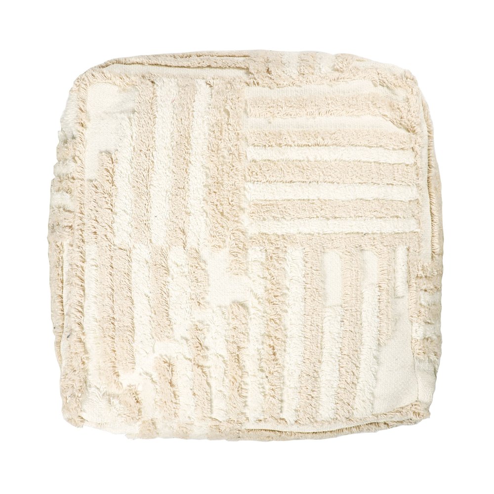 Beige Cotton Cube Striped Pouf Ottoman - 18-inch
