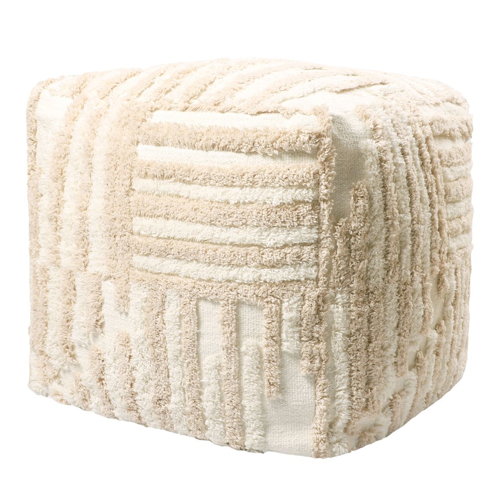 Beige Cotton Cube Striped Pouf Ottoman - 18-inch