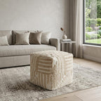Beige Cotton Cube Striped Pouf Ottoman - 18-inch