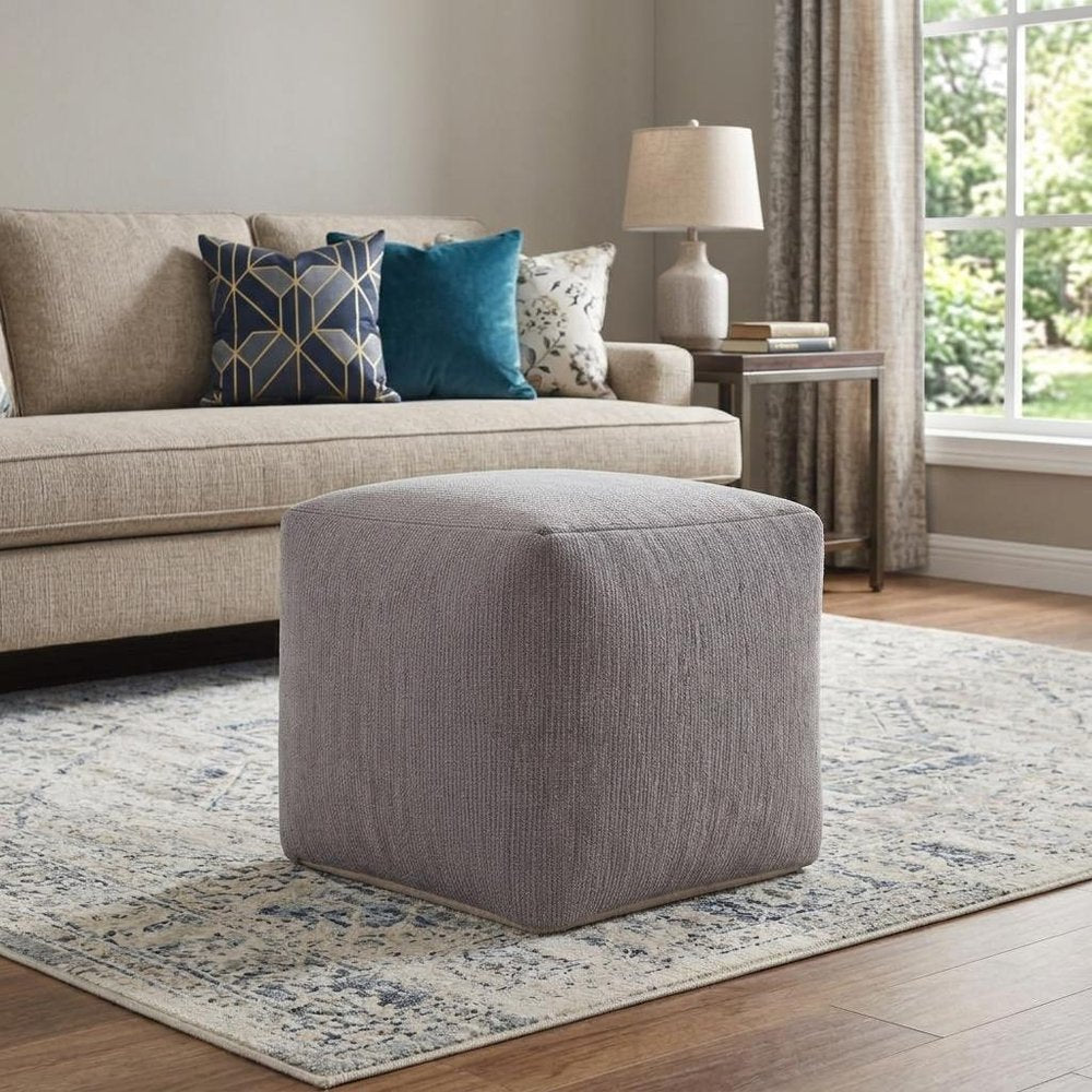 Gray Chenille Cube Pouf Ottoman - 18-inch