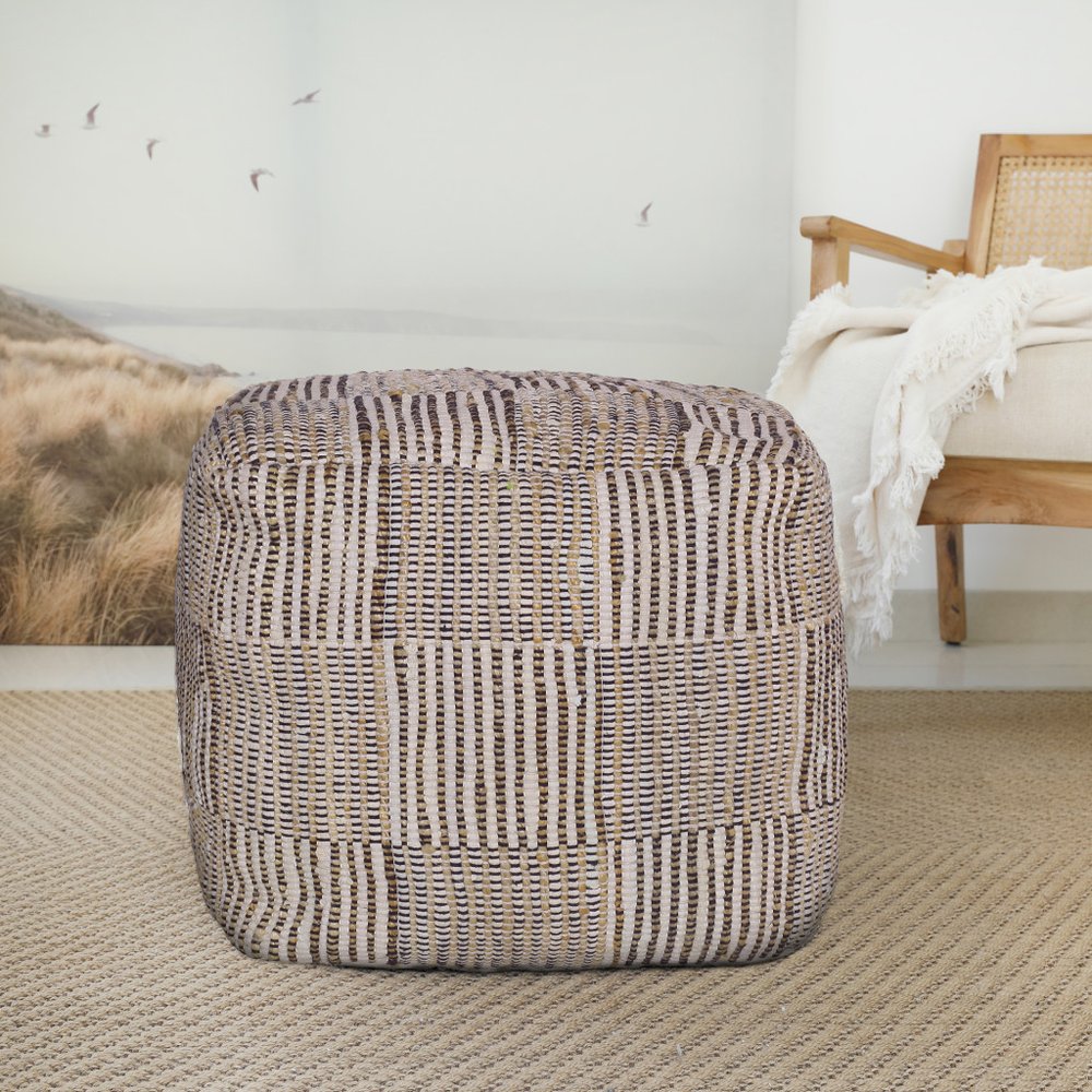 Brown Cotton Cube Geometric Pouf Ottoman - 18-inch