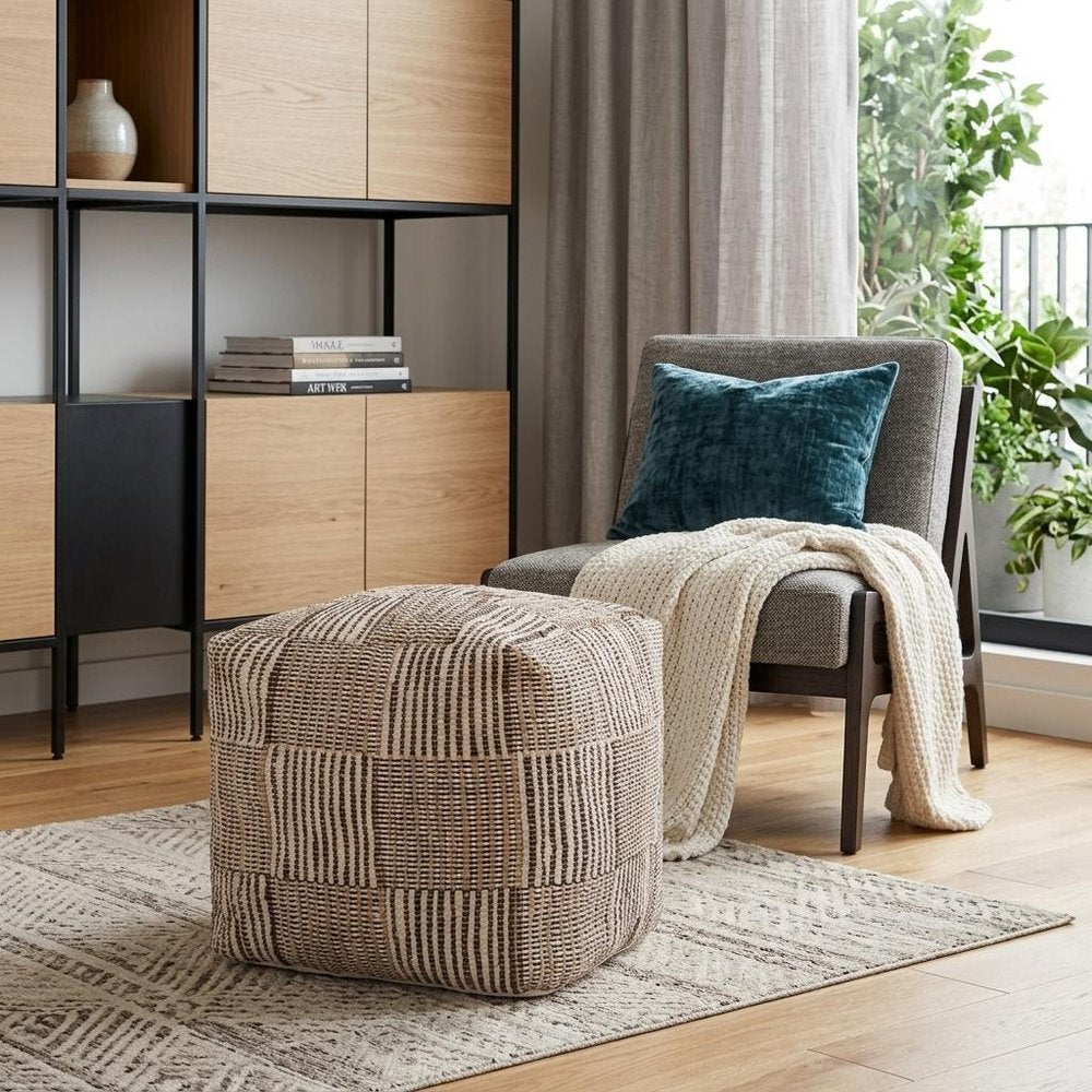 Brown Cotton Cube Geometric Pouf Ottoman - 18-inch