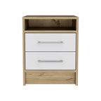 White and Natural Wood Two Drawer Nightstand - 20-inch