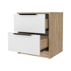 White and Natural Wood Two Drawer Nightstand - 19-inch