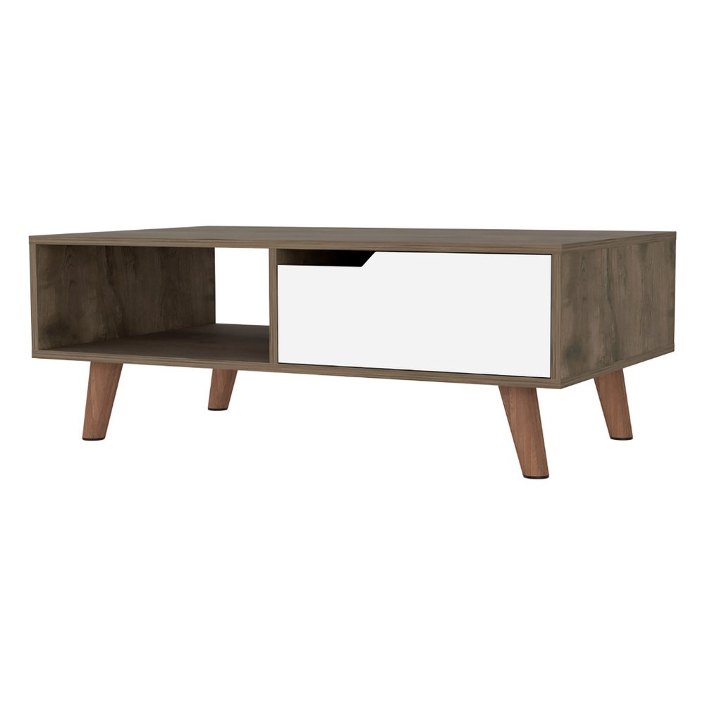 Brown and Brown and White Wood Coffee Table with Drawer and Shelf - 40-inch