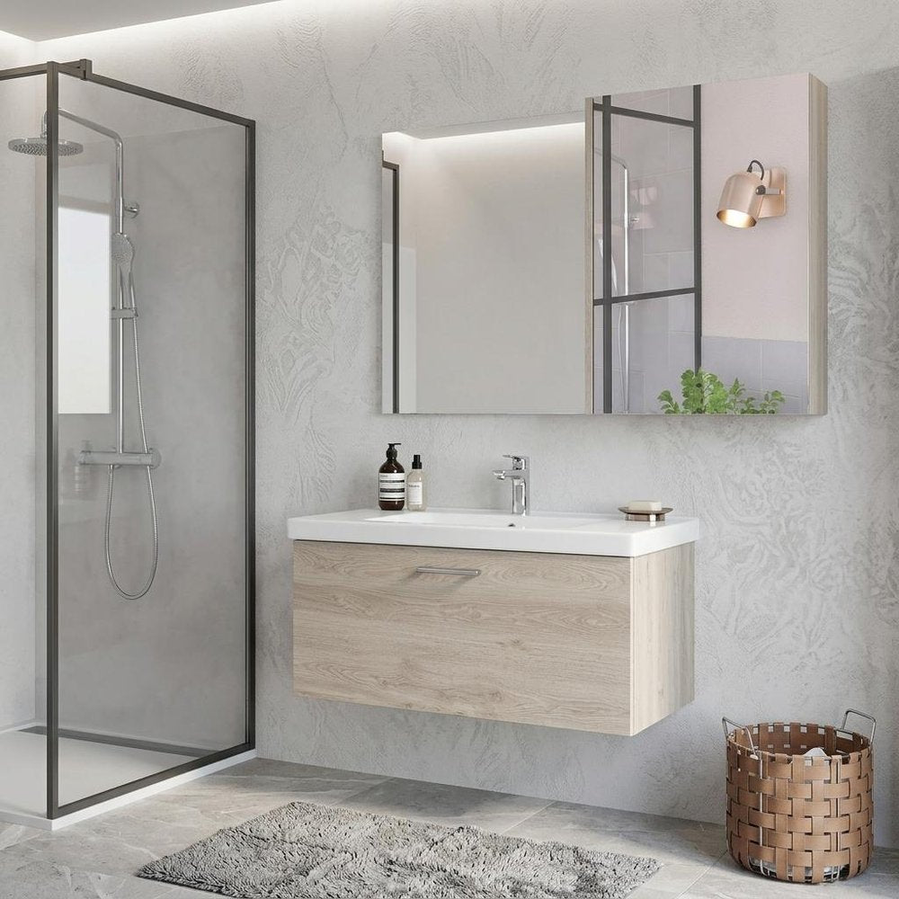 Light Gray Wood Floating Single Door Bathroom Vanity and Medicine Cabinet with Mirror