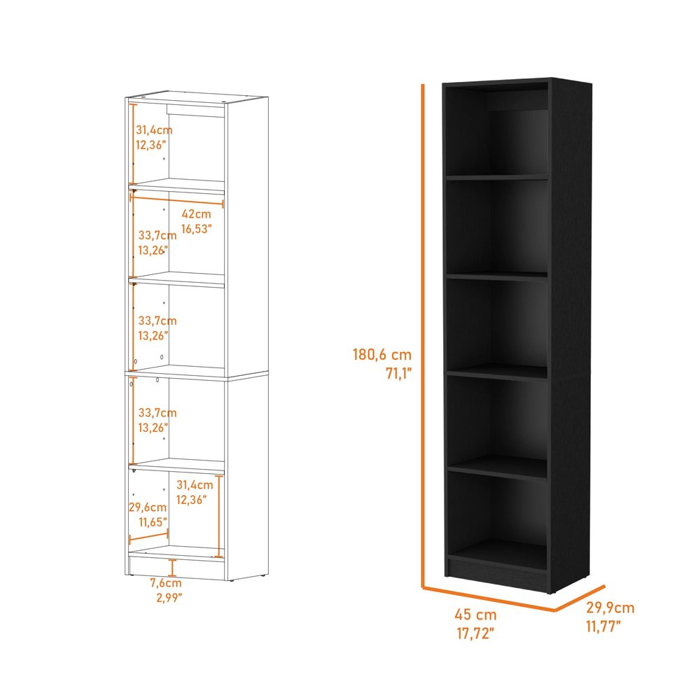 Black Wood Five Tier Bookcase - 70-inch