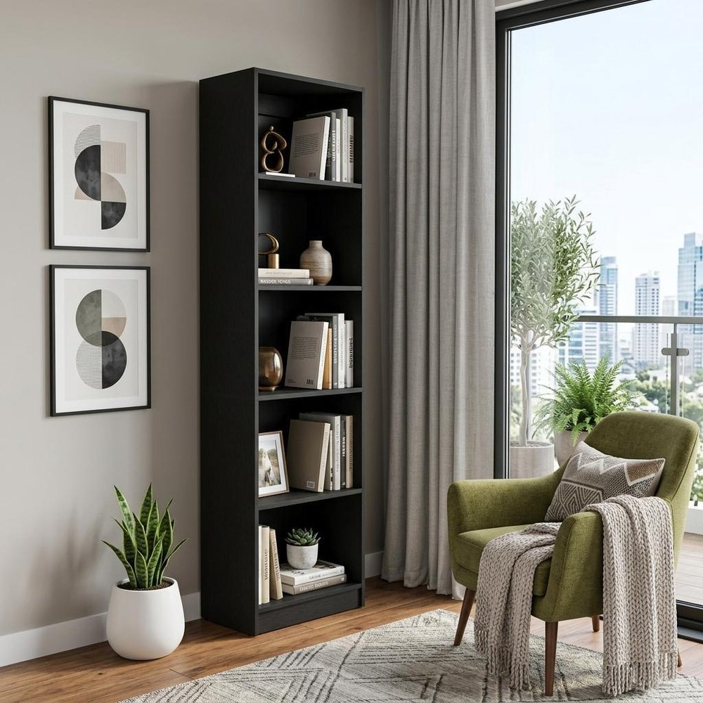 Black Wood Five Tier Bookcase - 70-inch