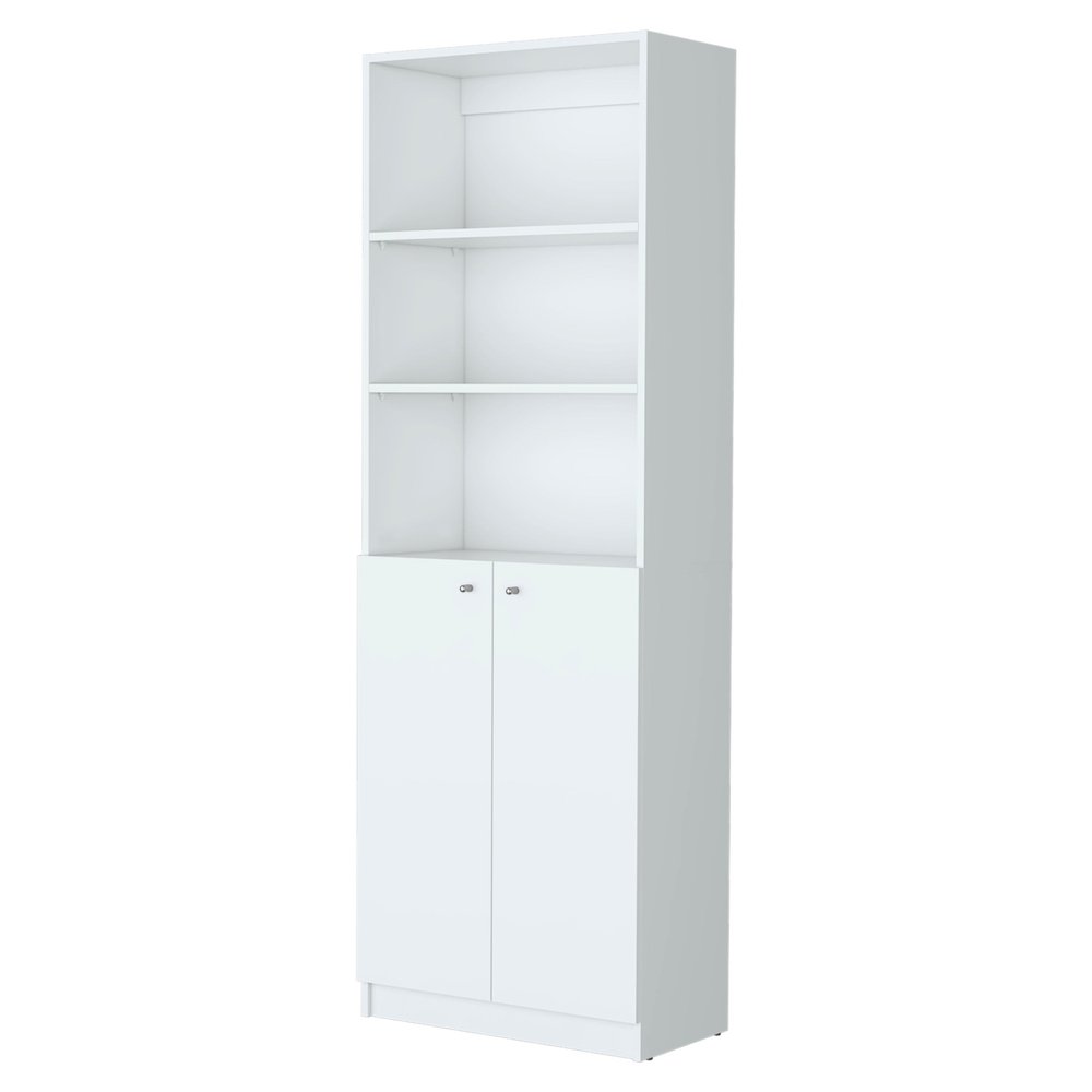 White Wood Three Tier Bookcase with Two Doors - 71-inch