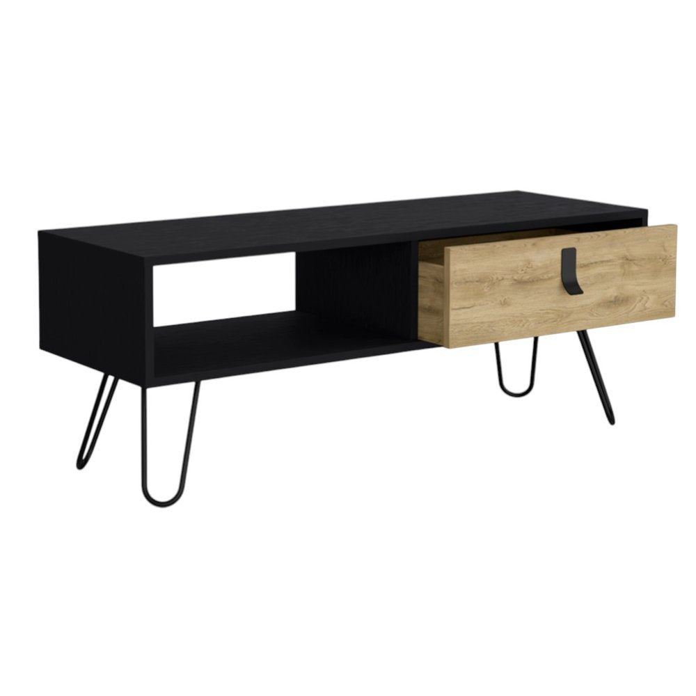 Black and Oak Wood and Metal Coffee Table with Drawer and Shelf - 41-inch