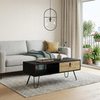 Black and Oak Wood and Metal Coffee Table with Drawer and Shelf - 41-inch