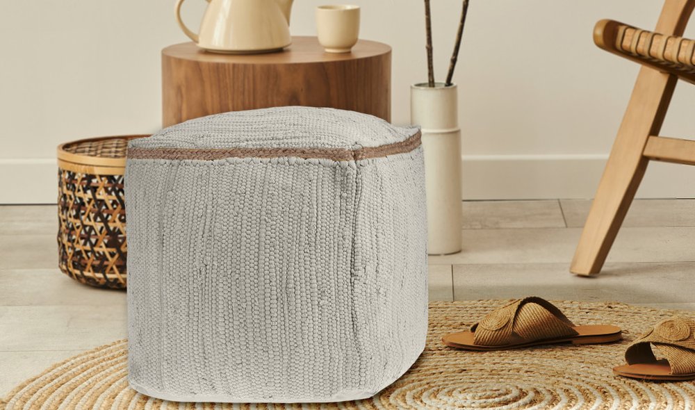 Citron and Natural Cotton and Jute Cube Pouf Ottoman - 18-inch