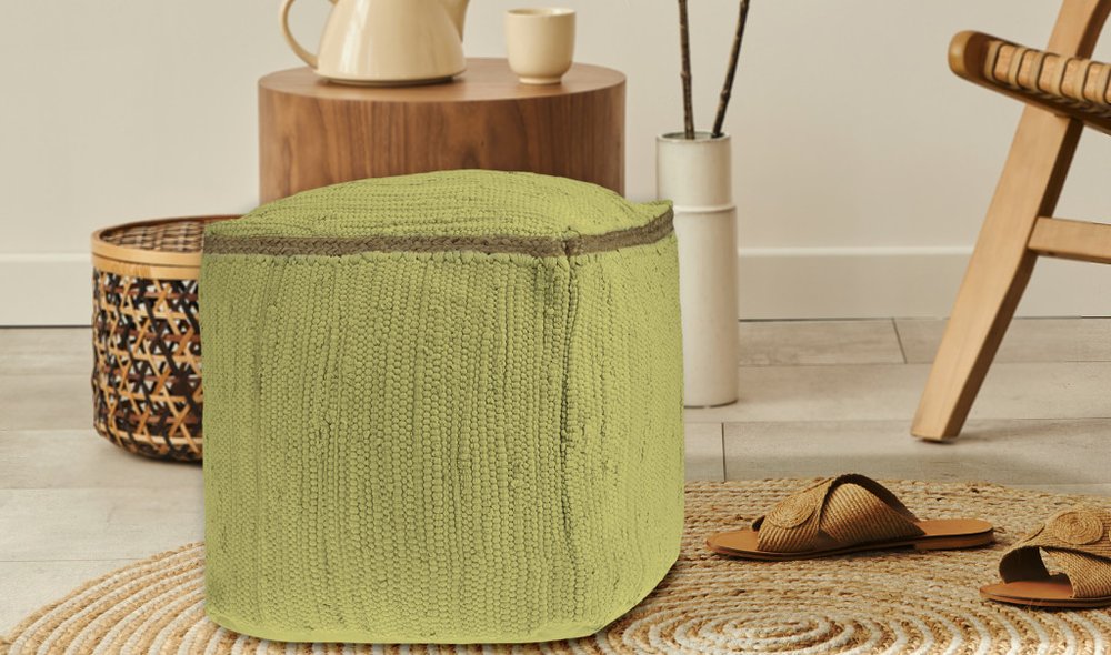 Citron and Natural Cotton and Jute Cube Pouf Ottoman - 18-inch