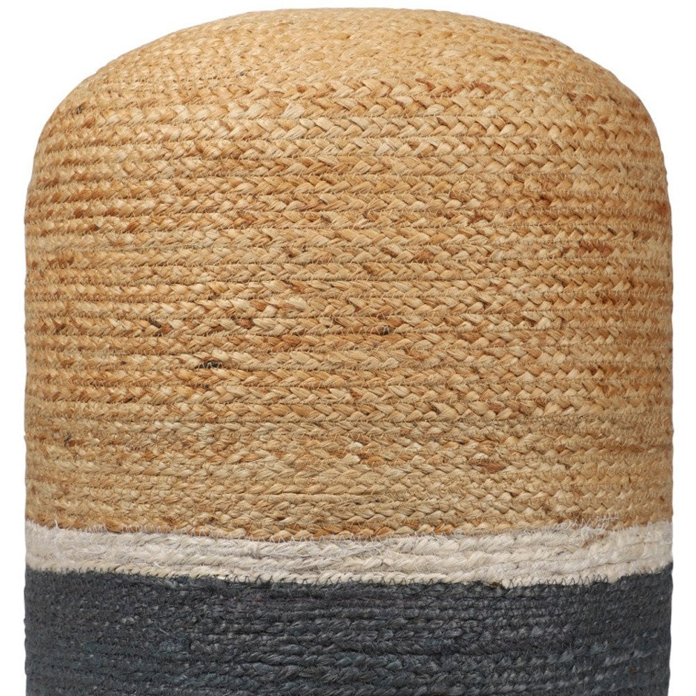 Natural and Gray Jute Blend Cylinder Striped Pouf Ottoman - 18-inch