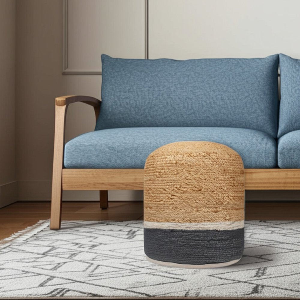 Natural and Gray Jute Blend Cylinder Striped Pouf Ottoman - 18-inch