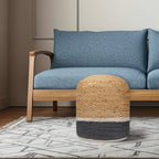 Natural and Gray Jute Blend Cylinder Striped Pouf Ottoman - 18-inch