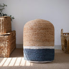 Natural and Gray Jute Blend Cylinder Striped Pouf Ottoman - 18-inch