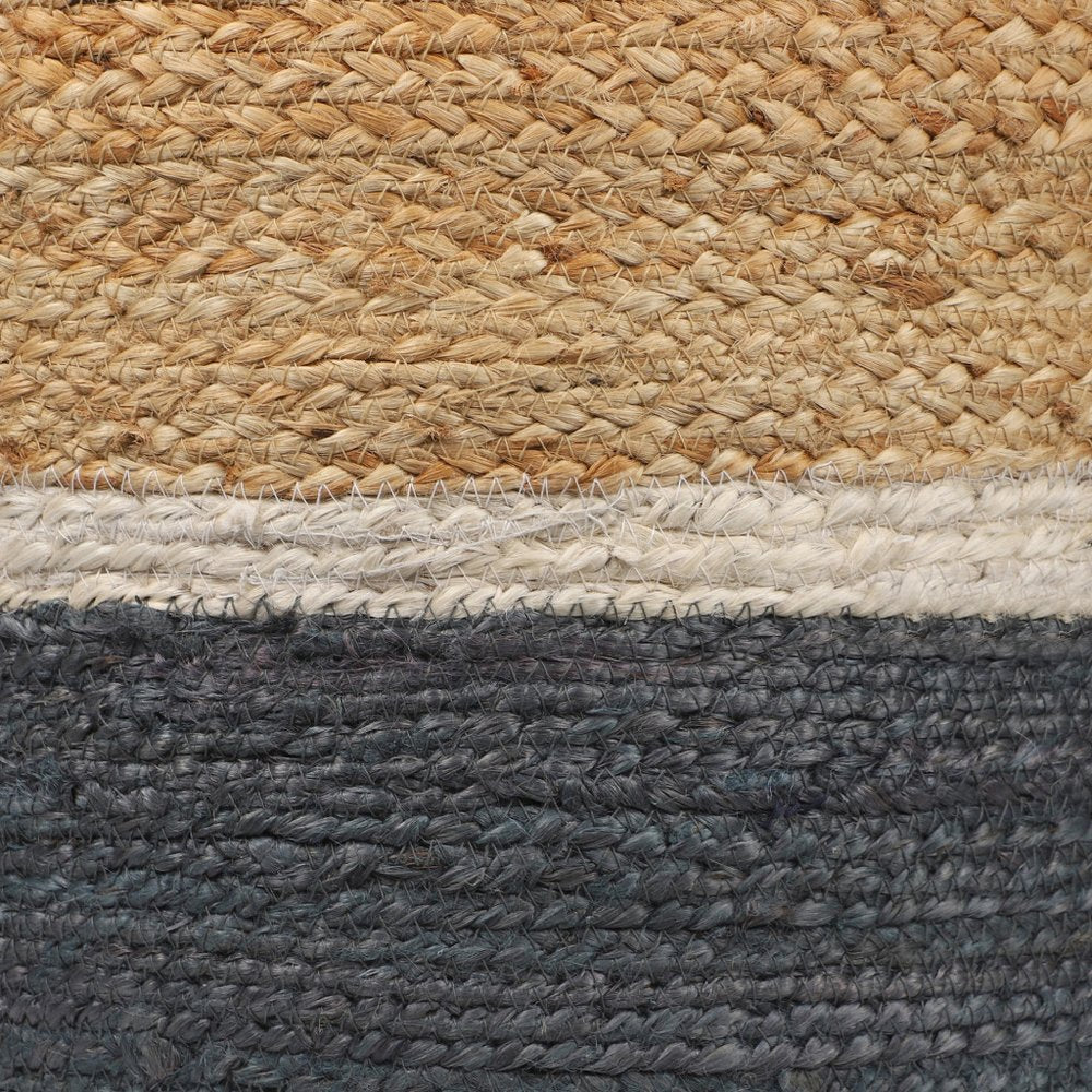 Natural and Gray Jute Blend Cylinder Striped Pouf Ottoman - 18-inch