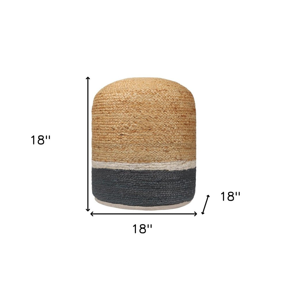 Natural and Gray Jute Blend Cylinder Striped Pouf Ottoman - 18-inch