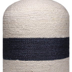 Off White and Navy Blue Jute Blend Striped Cylinder Pouf Ottoman - 18-inch
