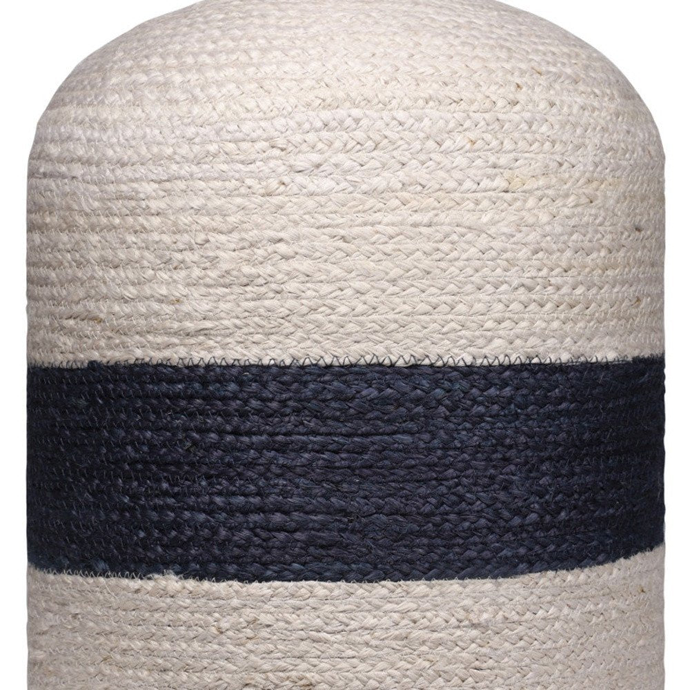 Off White and Navy Blue Jute Blend Striped Cylinder Pouf Ottoman - 18-inch