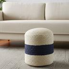 Off White and Navy Blue Jute Blend Striped Cylinder Pouf Ottoman - 18-inch