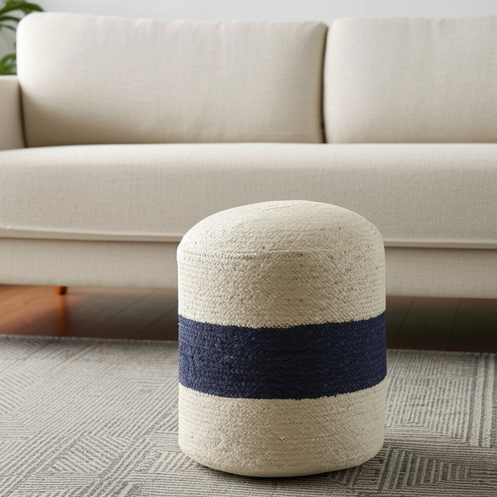 Off White and Navy Blue Jute Blend Striped Cylinder Pouf Ottoman - 18-inch