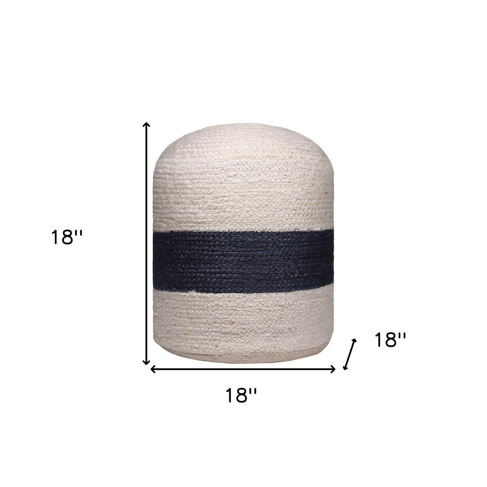 Off White and Navy Blue Jute Blend Striped Cylinder Pouf Ottoman - 18-inch
