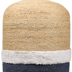 Natural and Navy Blue Jute Blend Cylinder Striped Pouf Ottoman - 18-inch
