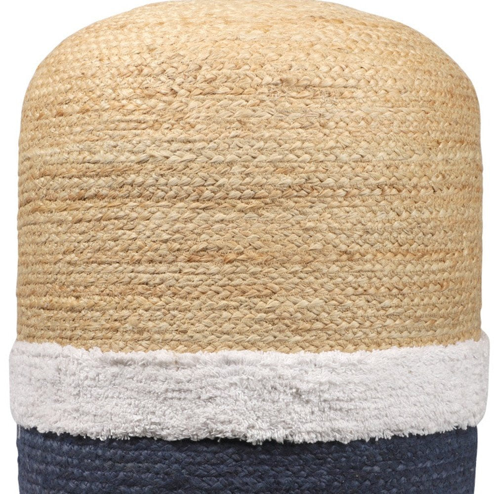 Natural and Navy Blue Jute Blend Cylinder Striped Pouf Ottoman - 18-inch