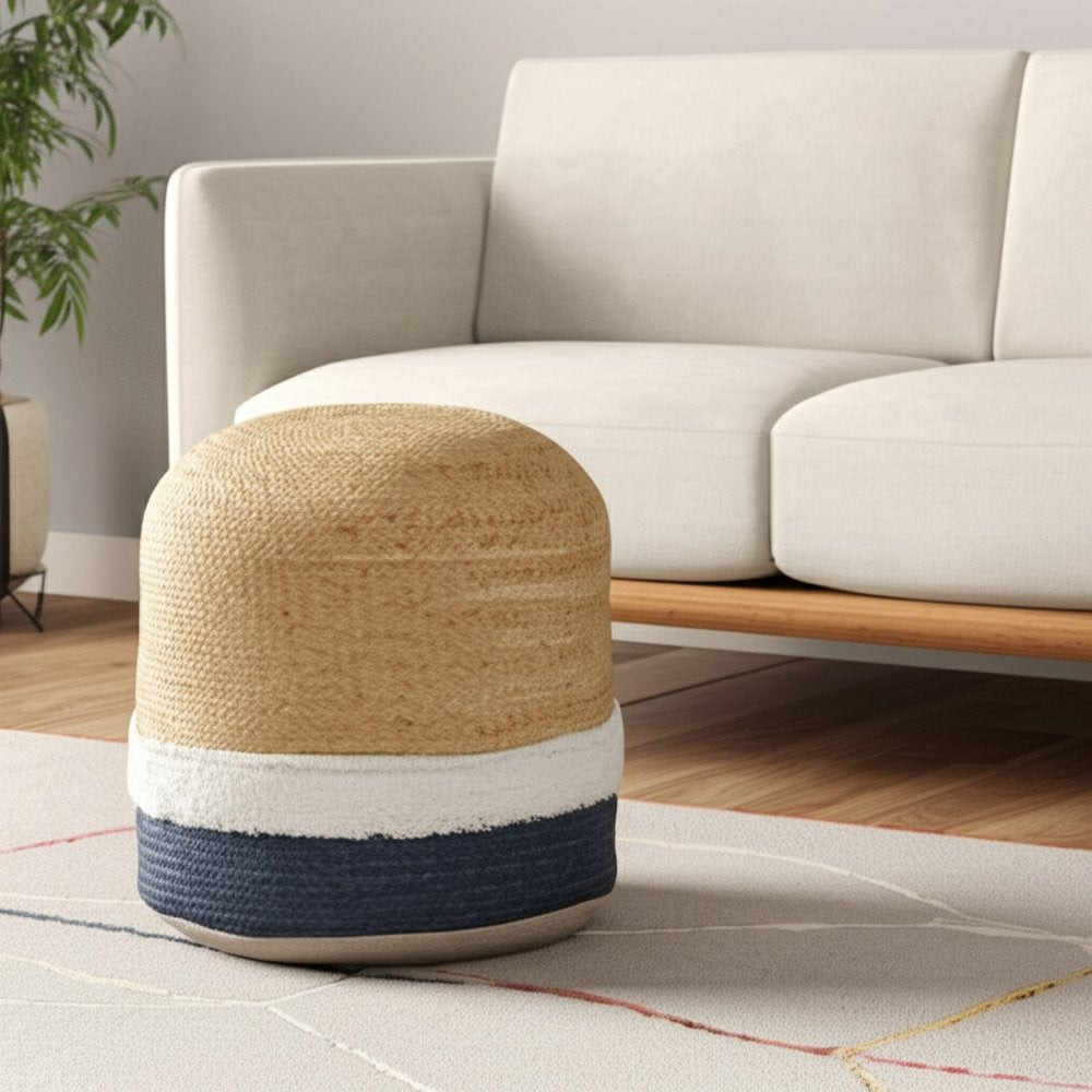 Natural and Navy Blue Jute Blend Cylinder Striped Pouf Ottoman - 18-inch