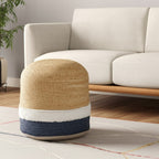 Natural and Navy Blue Jute Blend Cylinder Striped Pouf Ottoman - 18-inch