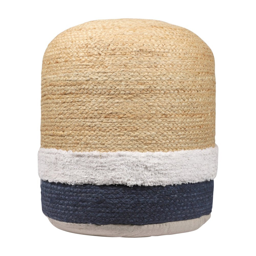 Natural and Navy Blue Jute Blend Cylinder Striped Pouf Ottoman - 18-inch