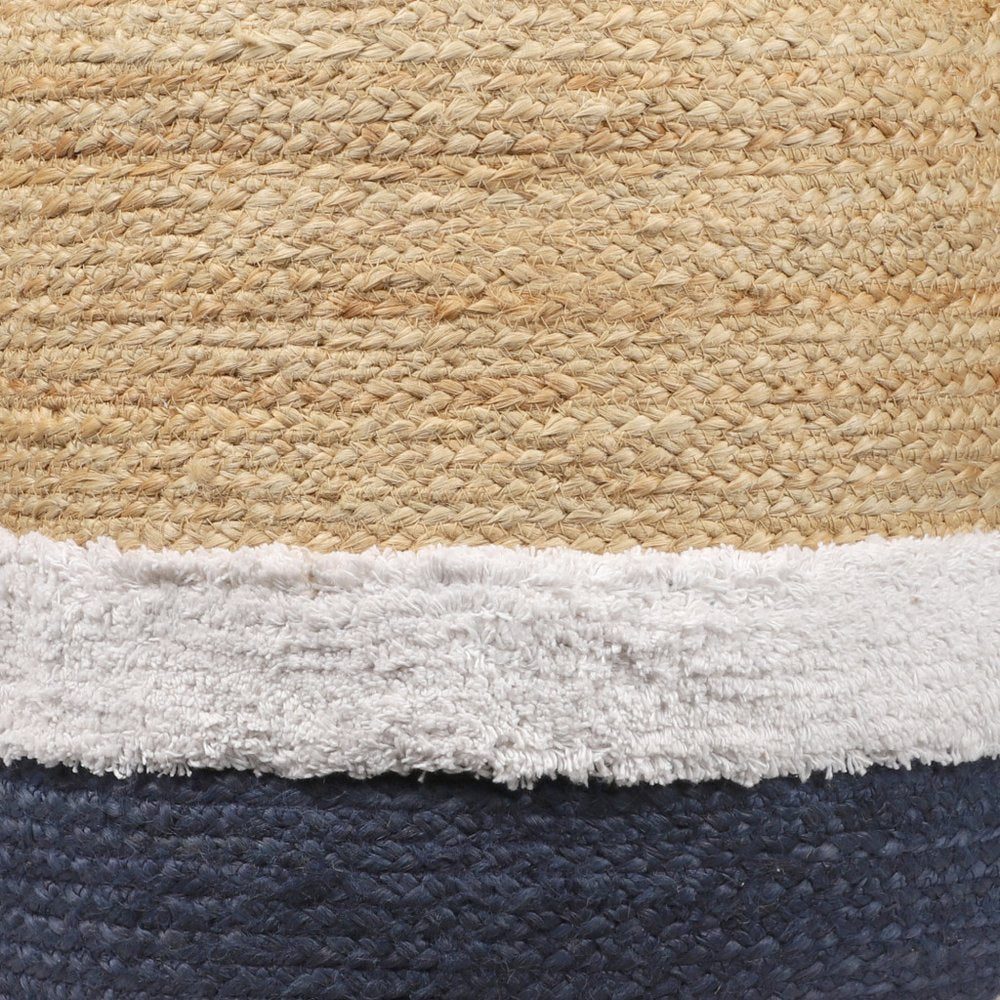 Natural and Navy Blue Jute Blend Cylinder Striped Pouf Ottoman - 18-inch