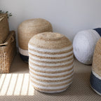 Natural and Navy Blue Jute Blend Cylinder Striped Pouf Ottoman - 18-inch