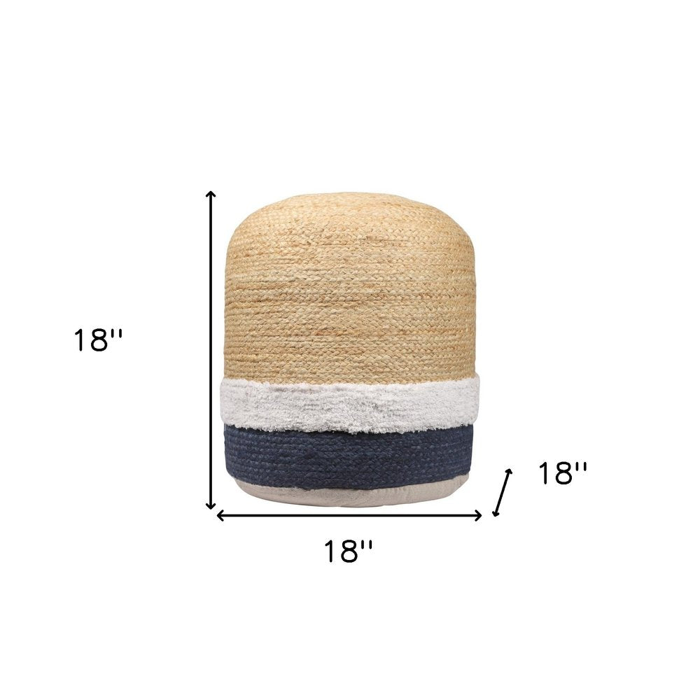 Natural and Navy Blue Jute Blend Cylinder Striped Pouf Ottoman - 18-inch