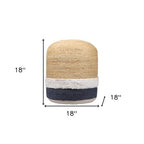 Natural and Navy Blue Jute Blend Cylinder Striped Pouf Ottoman - 18-inch