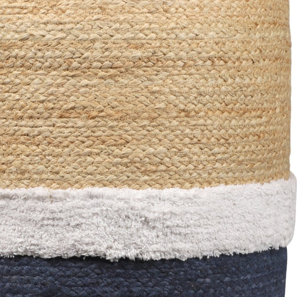 Natural and Navy Blue Jute Blend Cylinder Striped Pouf Ottoman - 18-inch