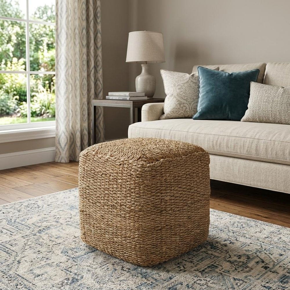 Natural Jute Woven Blend Cube Pouf Ottoman - 18-inch