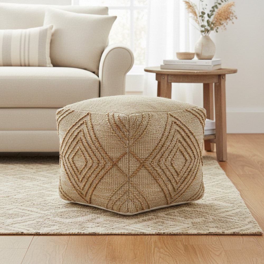Natural Jute Blend Geometric Cube Pouf Ottoman - 18-inch