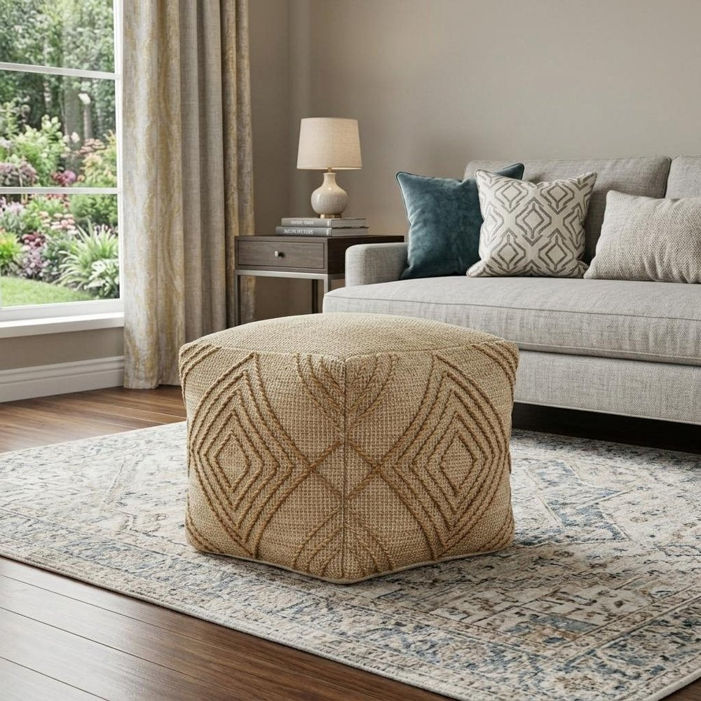 Natural Jute Blend Geometric Cube Pouf Ottoman - 18-inch