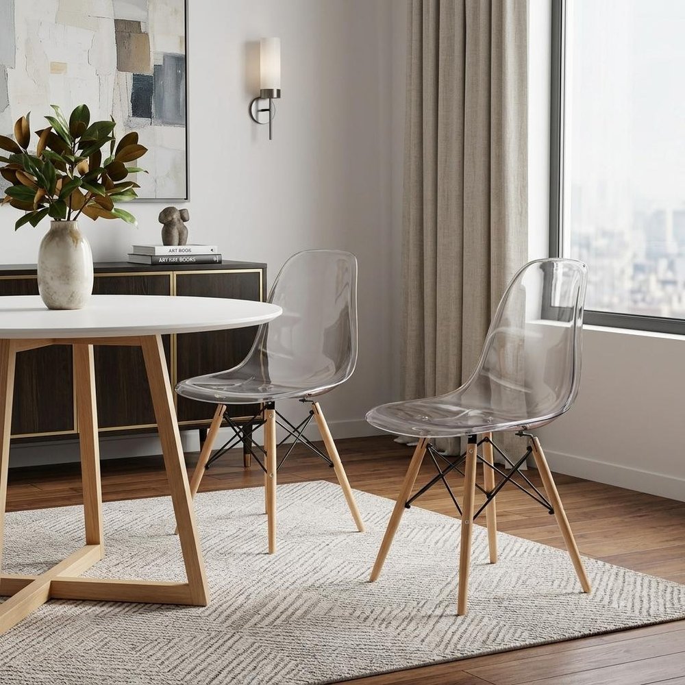 Set of Two Clear and Natural Wood and Heavy Duty Plastic Dining Side Chairs