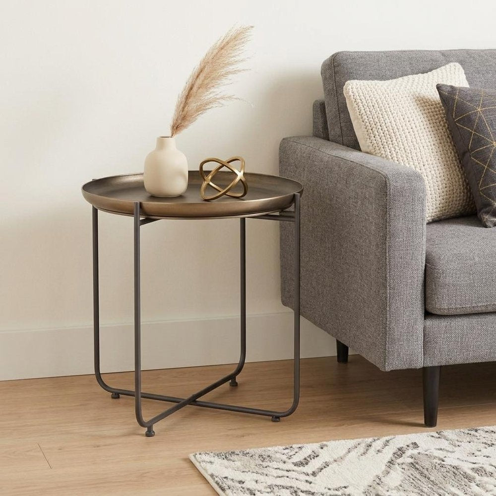 Bronze and Gray Steel Round Cross Legs End Table - 21-inch