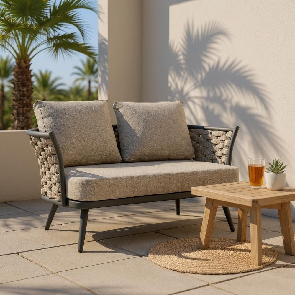 Dark Gray Aluminum Outdoor Love Seat with Taupe Cushions - 56-inch