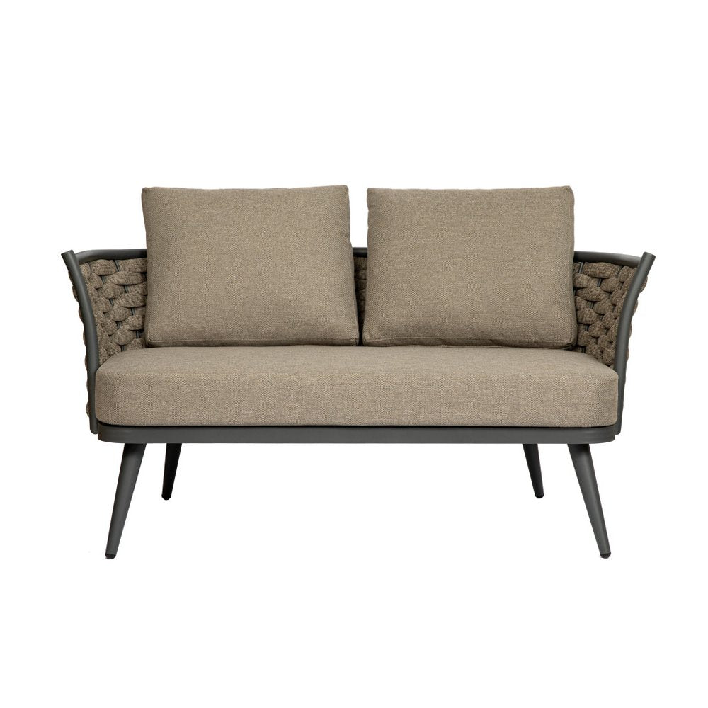 Dark Gray Aluminum Outdoor Love Seat with Taupe Cushions - 56-inch
